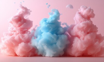 A colorful display of pink and blue cotton candy-like clouds against a soft pink background.