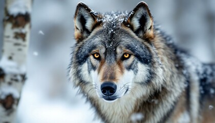 Naklejka premium Close-up of a Majestic Wolf in a Snowy Landscape