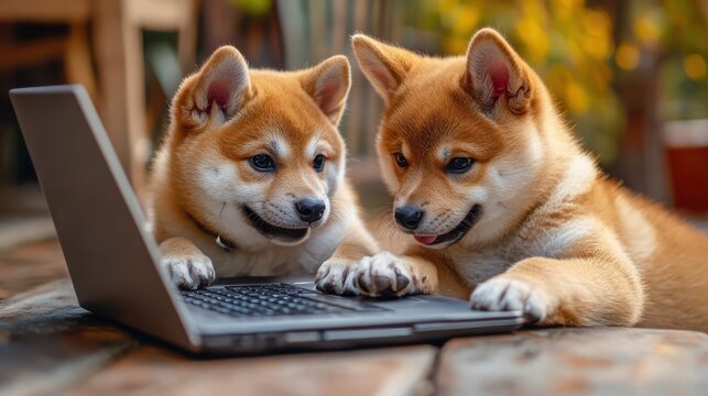 A pair of Shiba Inu dogs doing funny things, playing with a laptop computer, acting as if they are browsing the internet.