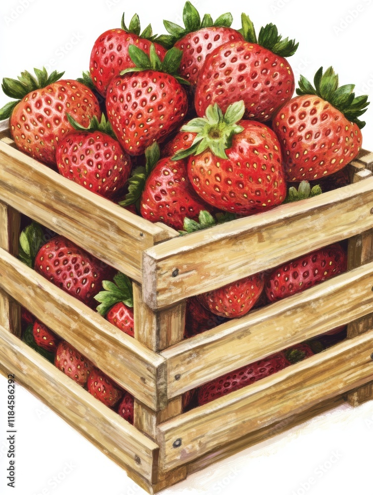 Poster Close-up view of fresh strawberries overflowing from a rustic wooden crate in a vibrant display of nature's bounty