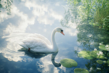 Obraz premium A tranquil scene of a swan floating above a lake with stunning reflections.