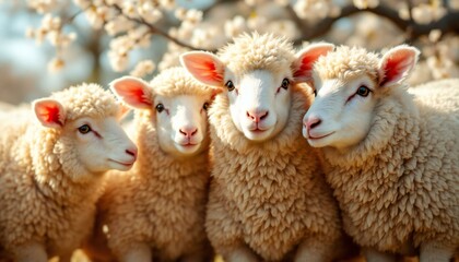 Obraz premium Adorable Lambs in a Spring Blossom Setting