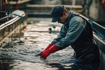 Worker operating at a fish farming facility, illustrating modern aquaculture.