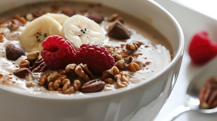 A smoothie bowl with toppings of nuts and fruits 
