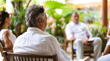 Calm therapist sitting in a serene therapy room with a soft-lit couch and a potted plant, symbolizing mental health support and emotional healing for depression.