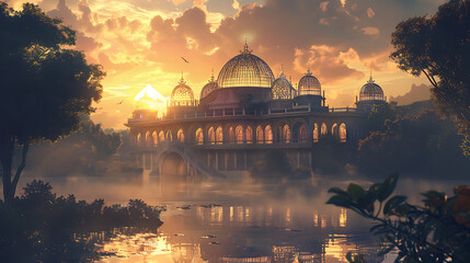 Obraz premium A crystal palace built atop a glacier, glowing softly in the light of a setting sun 