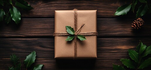 Eco-friendly gift wrapped in brown paper with twine and leaves on rustic wood.