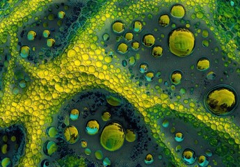 The image is a close up of a green and yellow blob with many small bubbles