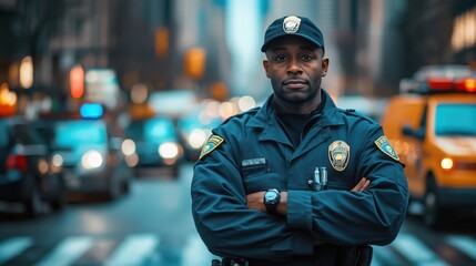 A professional security guard directing traffic in a busy intersection, standing confidently, maintaining control and organization amidst the chaos of vehicles.