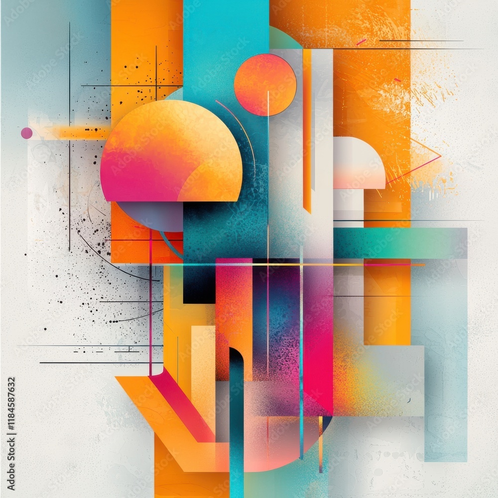 Poster vibrant geometric abstract composition with intersecting shapes and dynamic patterns