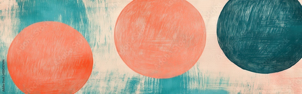 Poster symmetrical abstract pencil strokes create dynamic circles in coral and teal tones for visual moveme