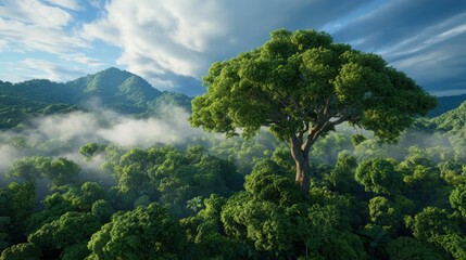 Obraz premium Majestic Wide View of a Lush Cloud Forest with Mist Swirling Around Towering Green Trees Beneath a Dramatic Sky at Dawn or Dusk