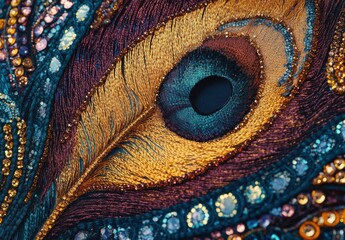 A close up of a peacock feather with gold and blue colors