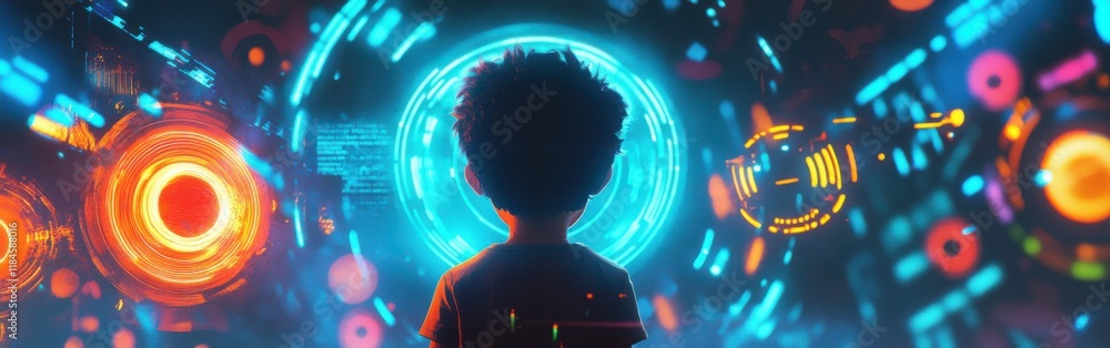 Aufkleber vibrant visualization of a child surrounded by glowing neon circuits and spinning mechanisms, infuse