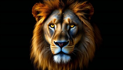 Naklejka premium Powerful Lion Portrait Against a Black Background