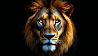 Naklejka premium Majestic Lion Portrait Against a Black Background