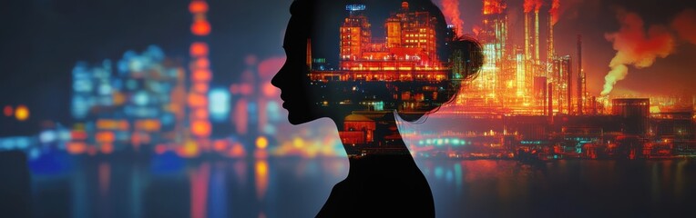 Obraz premium Surreal silhouette of a woman capturing the essence of the Industrial Revolution with vibrant machinery and factories