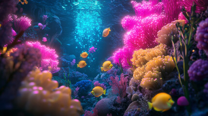 Obraz premium Underwater scene of glowing coral reefs with vibrant marine life.