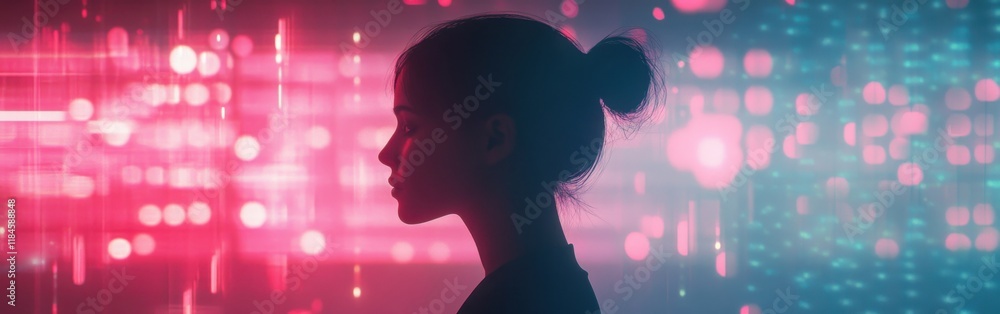 Poster surreal portrait of a woman's silhouette surrounded by glowing ai constructs and radiant patterns