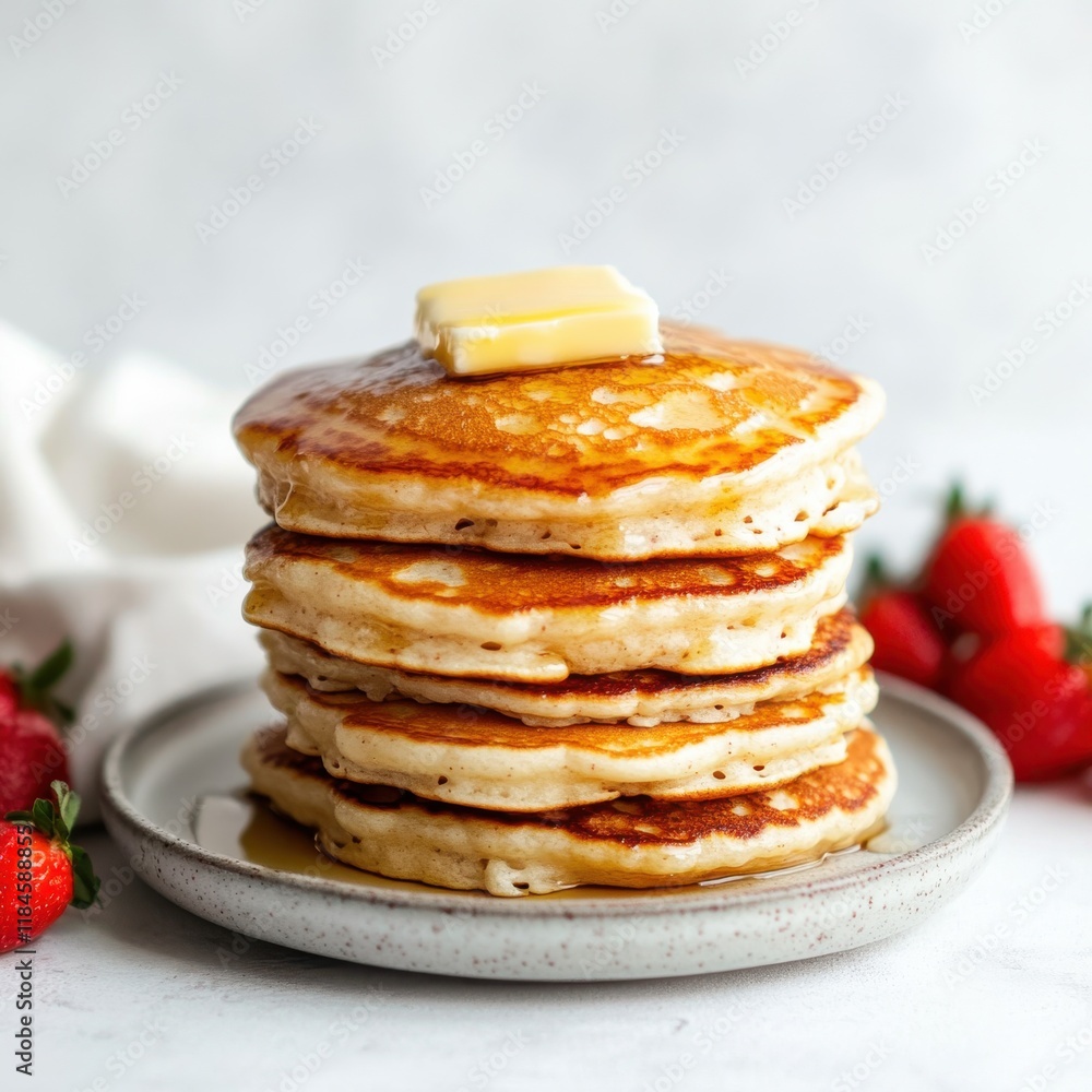 Aufkleber fluffy buttermilk pancakes stacked high with butter on top and juicy strawberries on the side for a 