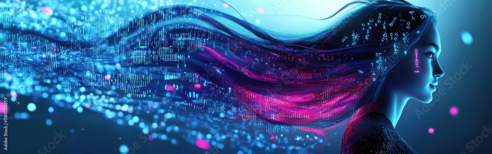 Poster Surreal depiction of a woman's profile with glowing holographic displays and luminous binary codes flowing in her hair