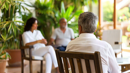 Calm therapist sitting in a serene therapy room with a soft-lit couch and a potted plant, symbolizing mental health support and emotional healing for depression.