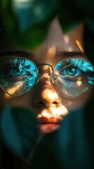 A close-up portrait of a person with glasses surrounded by green leaves and dappled sunlight.