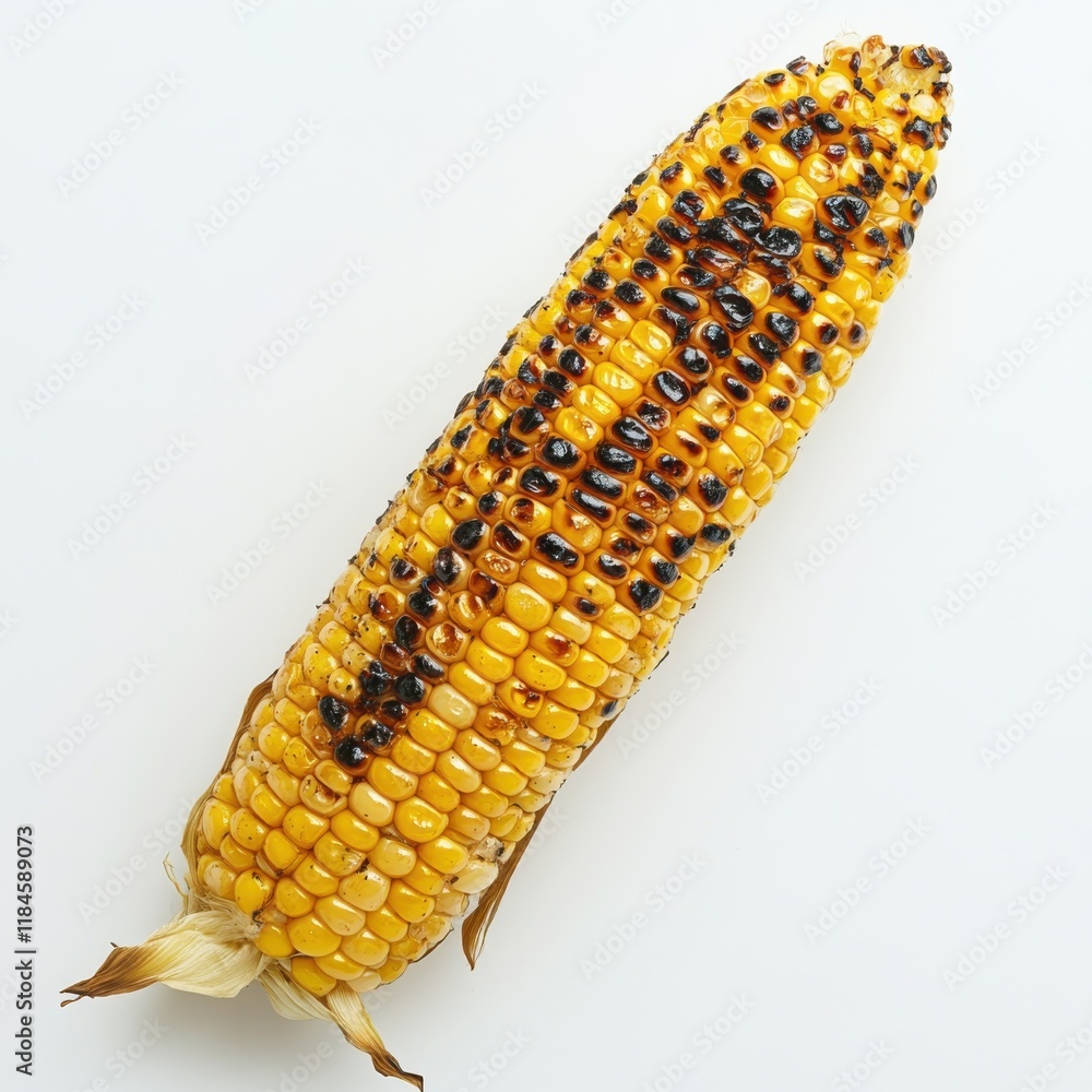Poster roasted corn cob with golden yellow hue and charred kernels on a white background