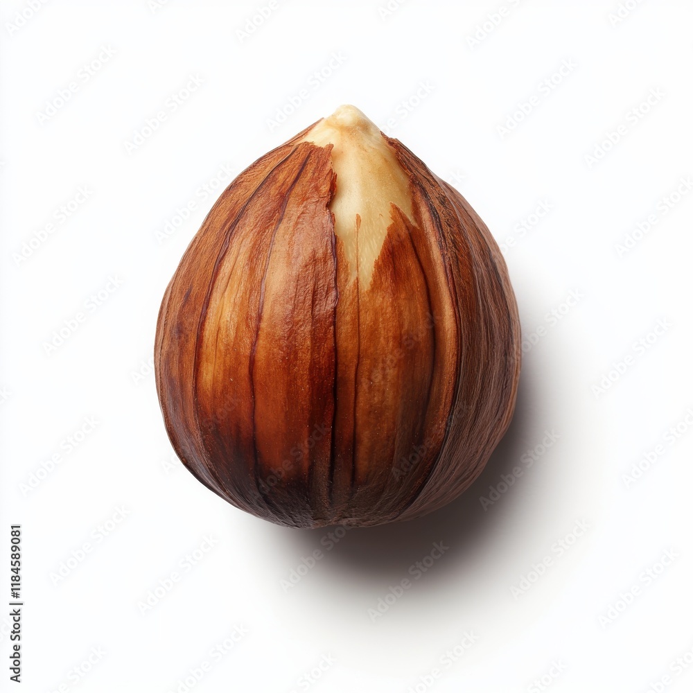 Poster single roasted hazelnut with shiny brown shell on white background showcasing its toasted appearance