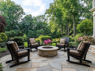 Obraz premium A group of four chairs are arranged around a fire pit in a backyard