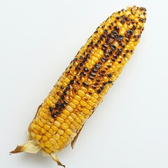 Roasted corn cob with golden yellow hue and charred kernels on a white background