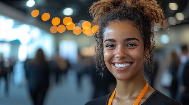 A smiling woman with curly hair, wearing an orange lanyard, stands in a busy event space.