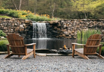 Two wooden chairs are placed next to a small waterfall and a fire pit