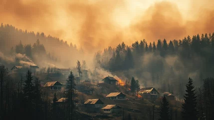 A small village near a forest with smoke in the sky and firefighters in action, preparing for evacuation.