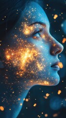 Radiant woman's face intertwined with glowing constellations in a starlit backdrop, showcasing serene beauty and cosmic wonder