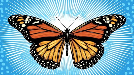 Fototapeta premium Vibrant Monarch Butterfly Illustration Detailed Wings Blue Ray Burst Background