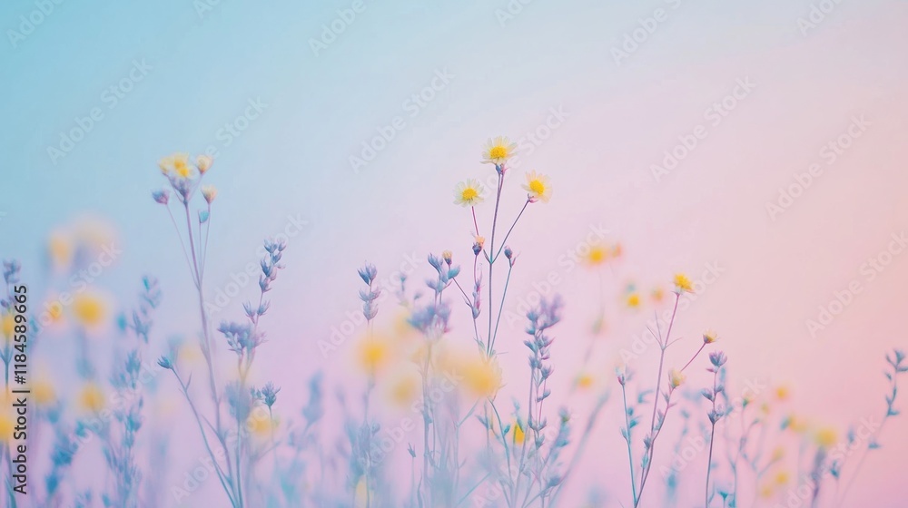 Poster Serene bokeh-inspired visual with delicate flowers blending soft colors in a tranquil setting