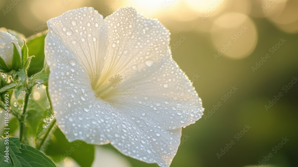 Poster close-up of dew-kissed spring flower petals sparkling in golden dawn light with lush greenery softly