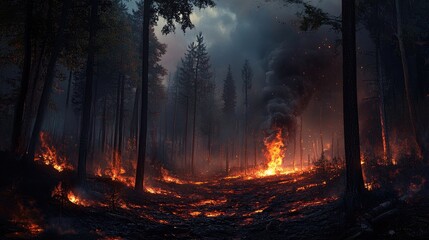 A smoldering forest after a fire, with lingering smoke and scorched earth as nature begins to recover.
