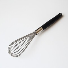 Polished stainless steel whisk with rubber grip lying flat on white background ready for culinary use in the kitchen