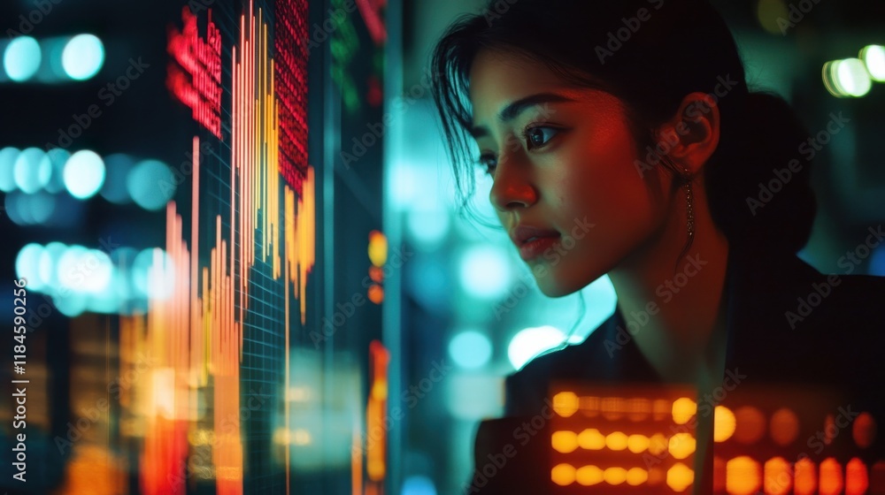 Poster exploring smartphone investment tools with market analytics in a modern trading environment