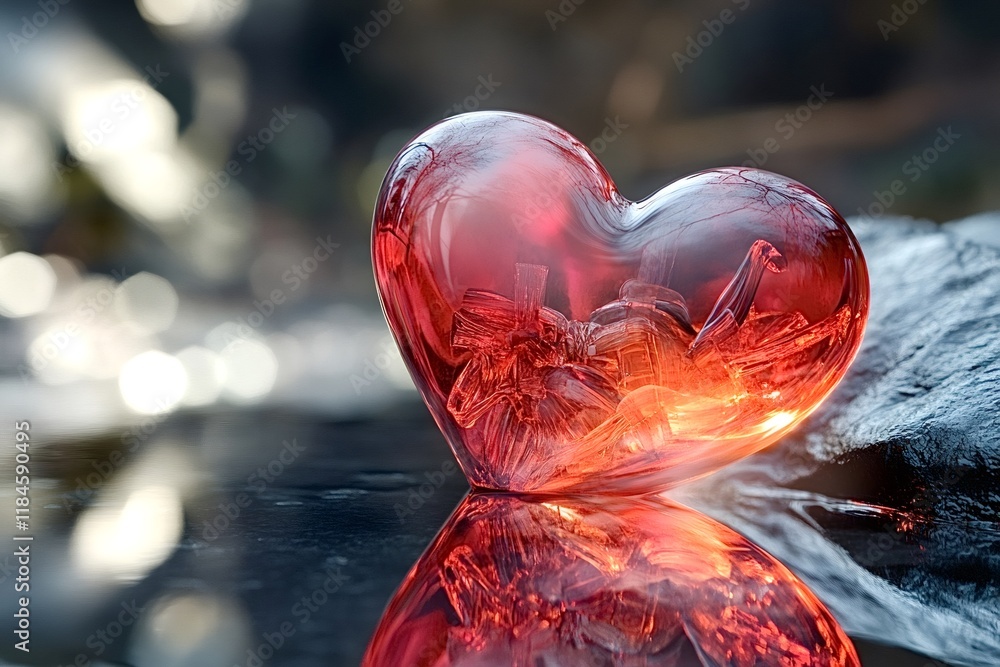 Poster red crystal heart with flower inclusion is reflecting on a wet surface with a beautiful bokeh backgr