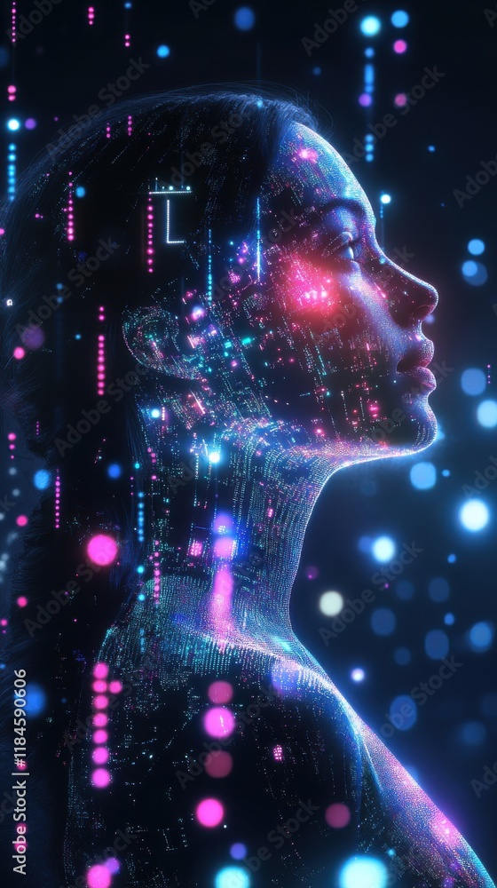 Poster mystical woman’s profile filled with glowing holograms and data streams exuding technological elegan