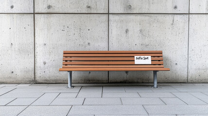 Wood bench in front of concrete wall, sign reading "Selfie Spot"