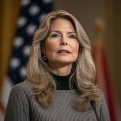 Fototapeta premium A mature woman with wavy blonde hair speaks confidently at a podium against a blurred backdrop of an American flag and elegant indoor setting.