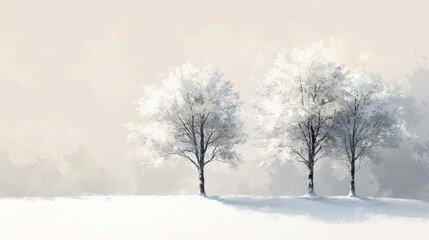 A serene winter scene featuring three snow-covered trees on a white expanse, emphasizing simplicity, nature’s beauty, and peaceful solitude.