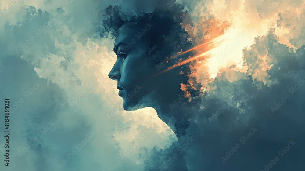 Poster Mystical profile of a man surrounded by glowing light beams and dense fog expressing tranquility and depth