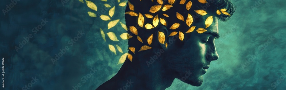 Poster mystical profile of a man infused with glowing leaf patterns symbolizing quiet introspection and inn