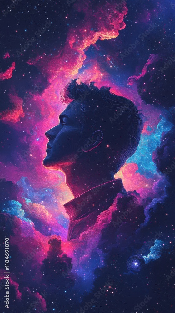 Poster mystical man's profile glows with vibrant cosmic clouds and swirling galaxies in a surreal depiction