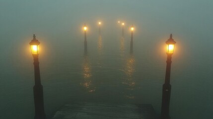 Mysterious path of lamps reflecting in foggy water at night